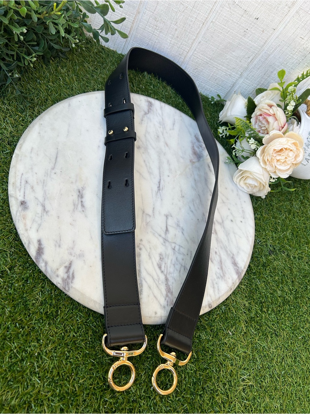 Black Leather Crossbody Strap with Gold Hardware NEW